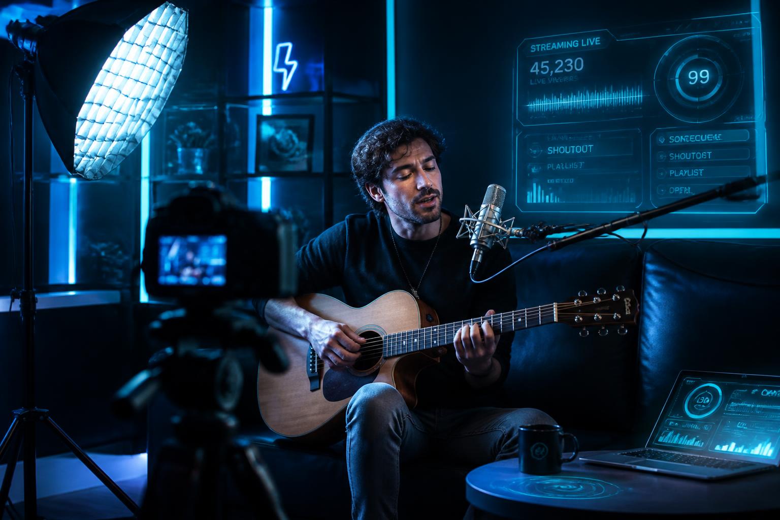 Artista gravando música em estúdio caseiro com câmera, luz e microfone
